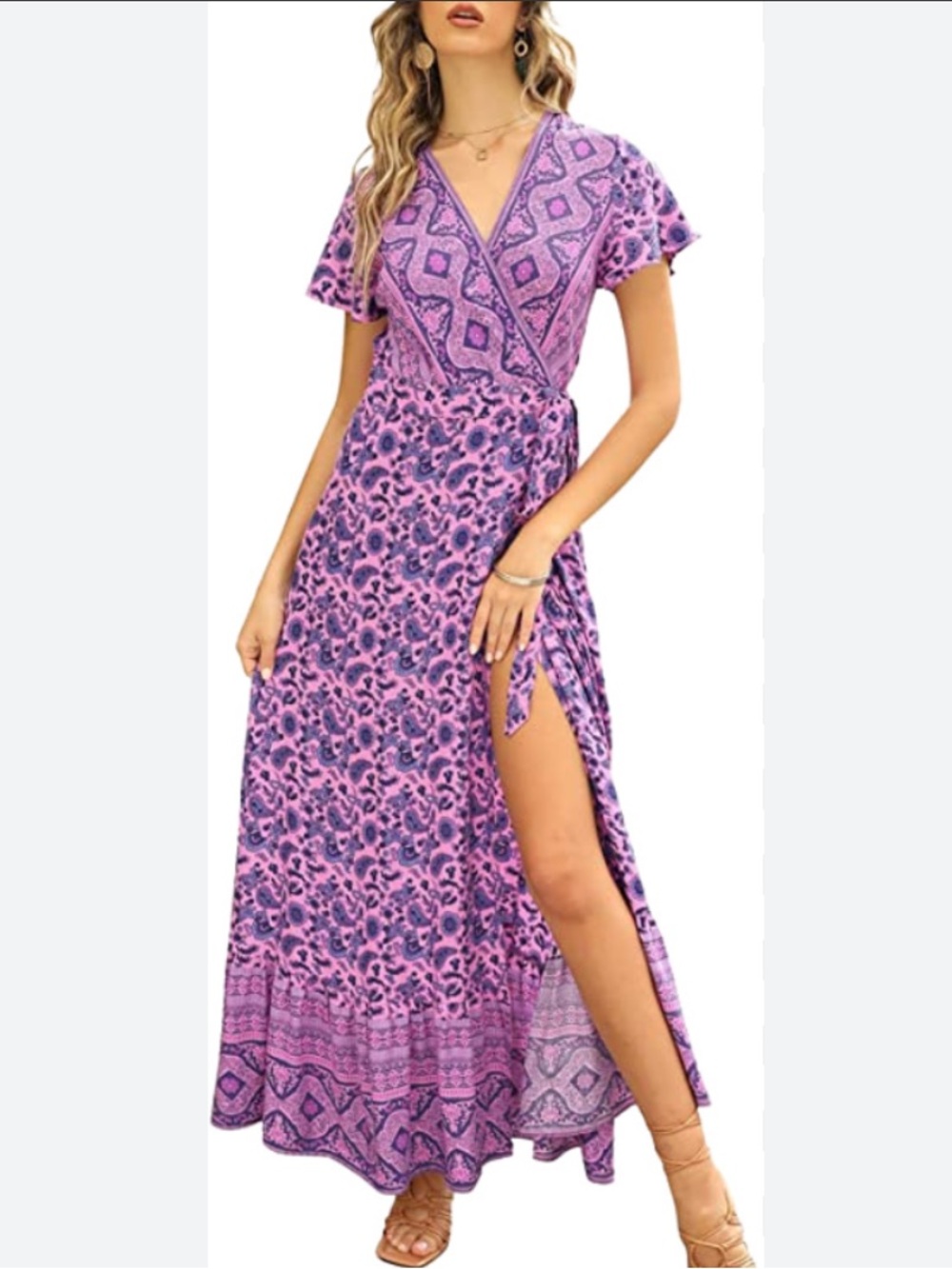 Zesica Bohemian Floral Printed classic surplice V-neck short butterfly sleeves